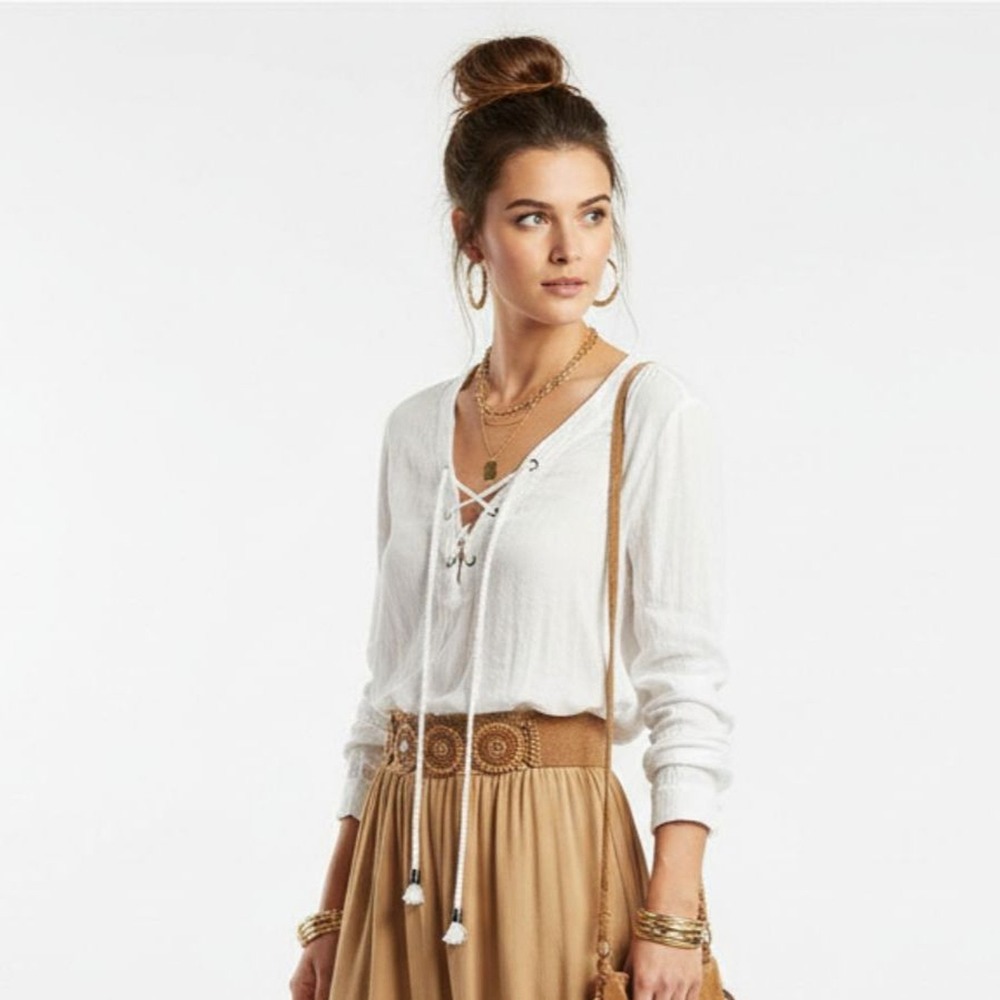 Rails White Long Sleeve Lace Up Bodice Blouse Top XS
